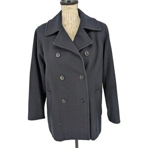 Charter Club Pea Coat Sz 6 Navy Double Breasted 80% Wool 20% Nylon Plaid Lining